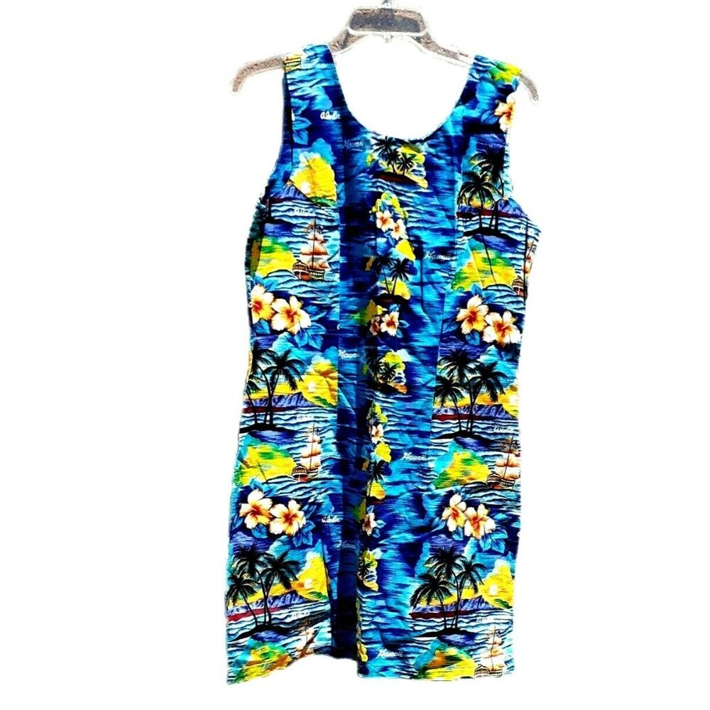 VTG Ky's Hawaiian Shift Dress Made Hawaii USA Sailboats Hibiscus Blue XL Aloha - Picture 2 of 5